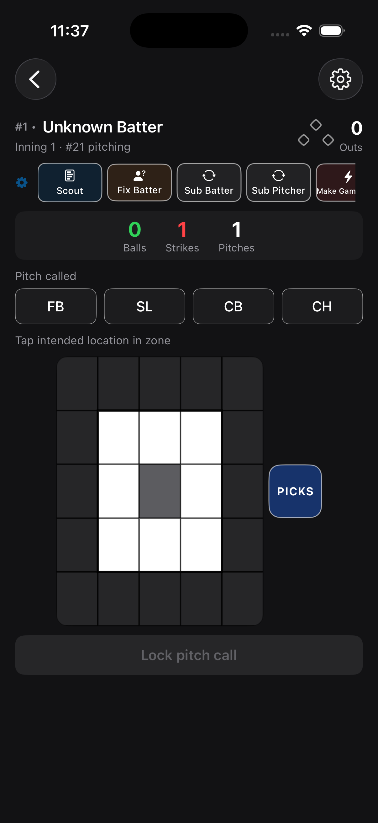 Calling a fastball low and away in the DiamondKing zone grid